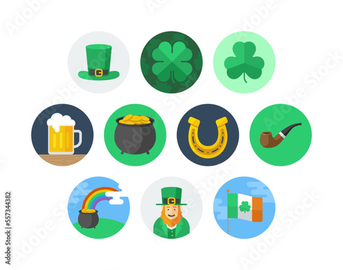 St. Patrick's day flat circle badge icon set with luck and beer related icons