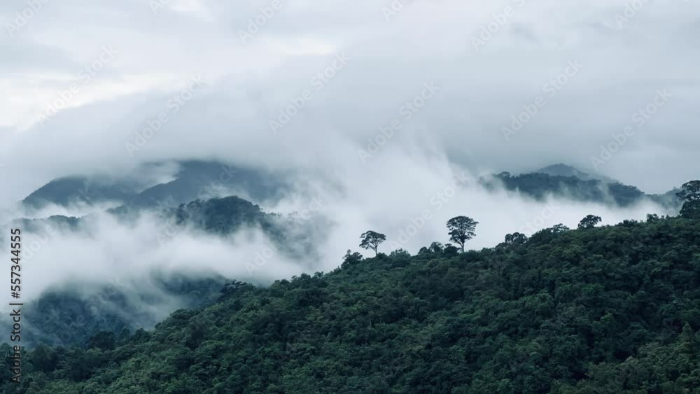 Aerial view flying above lush green tropical rain forest mountain with rain cloud cover during the rainy season on the Doi Phuka Mountain reserve national park. In, the northern Thailand Aerial view flying above lush green tropical rain forest mountain with rain cloud cover during the rainy season on the Doi Phuka Mountain reserve national park. In, the northern Thailand