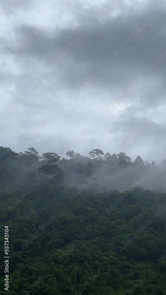 Aerial view flying above lush green tropical rain forest mountain with rain cloud cover during the rainy season on the Doi Phuka Mountain reserve national park. In, the northern Thailand Aerial view flying above lush green tropical rain forest mountain with rain cloud cover during the rainy season on the Doi Phuka Mountain reserve national park. In, the northern Thailand