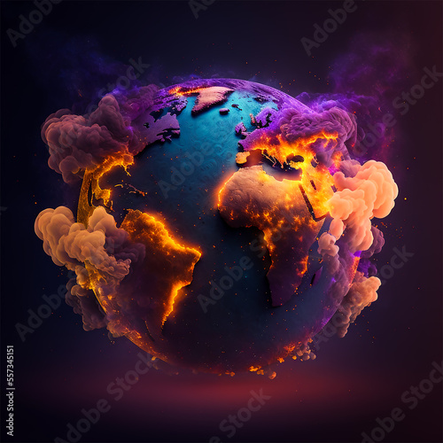 The planet is on fire. The planet Earth is burning and it is surrounded by colorful neon smoke. Generative Ai