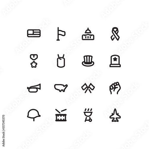 Cute simple US Holidays outline icon set with Memorial day and Veterans day related icons