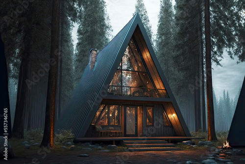 Papier peint Two-level A-frame cabin with glass windows located among trees