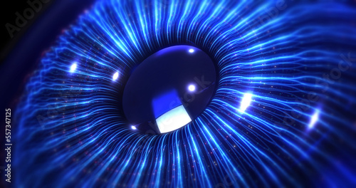 Digital 3d blue eye iris formed by optical fibers. Artificial intelligence concept. Futuristic technology concept 3d Illustration render.
