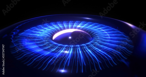 Next generation artificial intelligence blue humanoid eye formed by fiber optics. Futuristic technology concept 3d Illustration render.