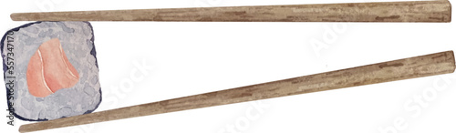 Watercolor asian food sushi set with salmon, cucamber and tamago in wooden chopsticks. 