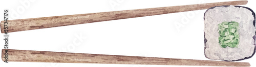 Watercolor asian food sushi set with salmon, cucamber and tamago in wooden chopsticks. 