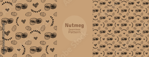 Hand drawn doodle nutmeg seamless pattern. Nutmeg spices, whole nuts and slices in endless texture