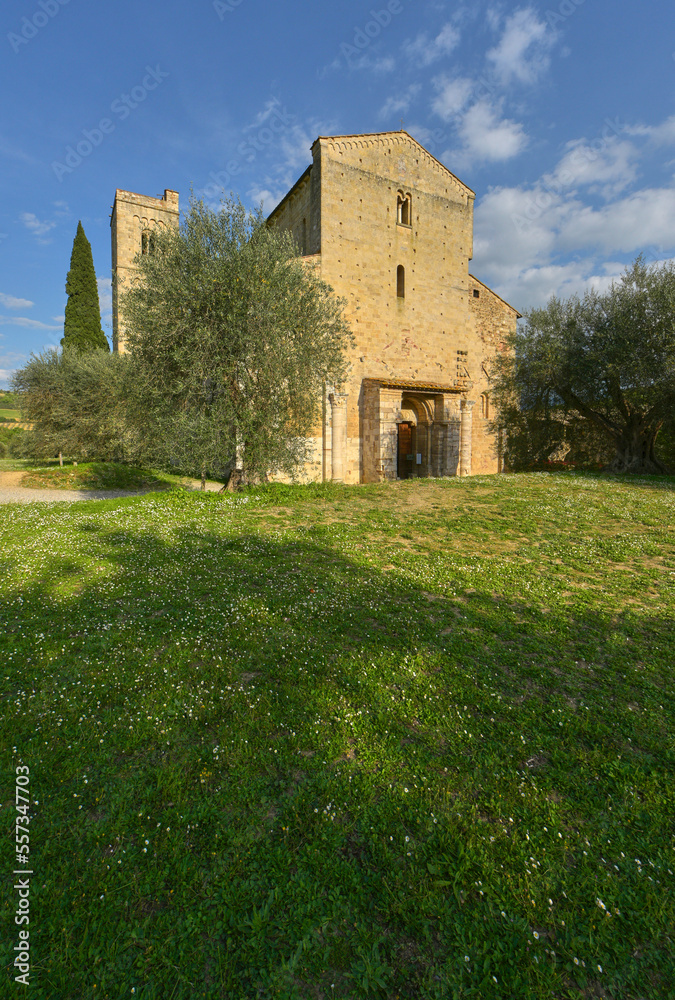 View on Sant'Antimo abbey in Castelnuovo dell'Abate. Tuscany, Italy