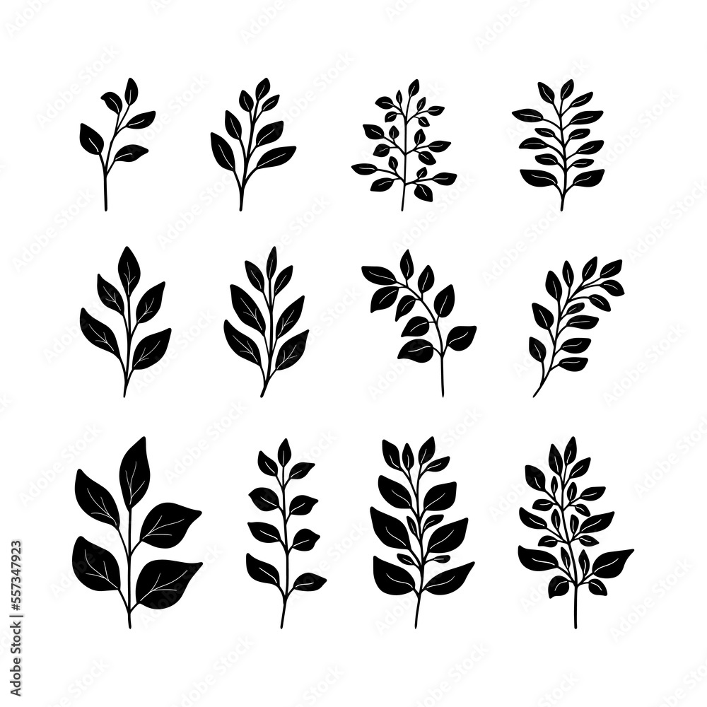Fototapeta premium Set of black silhouettes of minimalistic branches, leaves for logo or tattoo, wedding herb. Botanical rustic greenery. Tree art design. Isolated on white background.