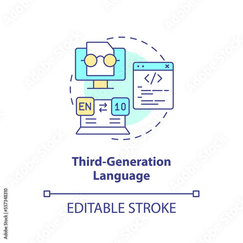 Third-generation programming language concept icon. Coding development stage abstract idea thin line illustration. Isolated outline drawing. Editable stroke. Arial, Myriad Pro-Bold fonts used