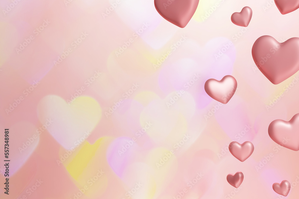 3d render of pink valentine hearts border on a coral bokeh background