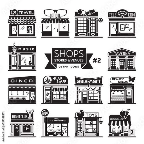 Shops, stores and restaurants icon collection. Set of 14 storefront vector illustrations. Retail and shopping concept.