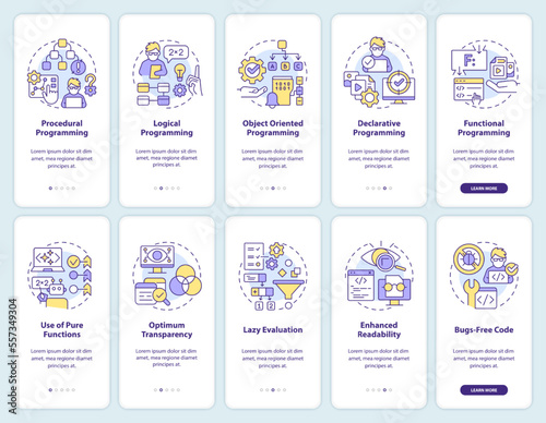 Programming language paradigms onboarding mobile app screen set. Walkthrough 5 steps editable graphic instructions with linear concepts. UI, UX, GUI template. Myriad Pro-Bold, Regular fonts used