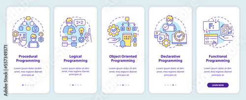 Major programming paradigms onboarding mobile app screen. Coding walkthrough 5 steps editable graphic instructions with linear concepts. UI, UX, GUI template. Myriad Pro-Bold, Regular fonts used