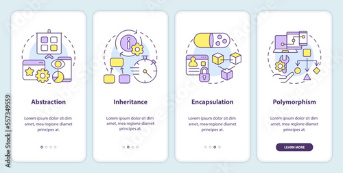 Object-oriented programming principles onboarding mobile app screen. Walkthrough 4 steps editable graphic instructions with linear concepts. UI, UX, GUI template. Myriad Pro-Bold, Regular fonts used