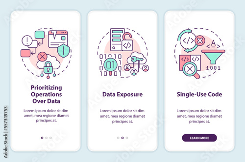 Procedural programming drawbacks onboarding mobile app screen. Walkthrough 3 steps editable graphic instructions with linear concepts. UI, UX, GUI template. Myriad Pro-Bold, Regular fonts used