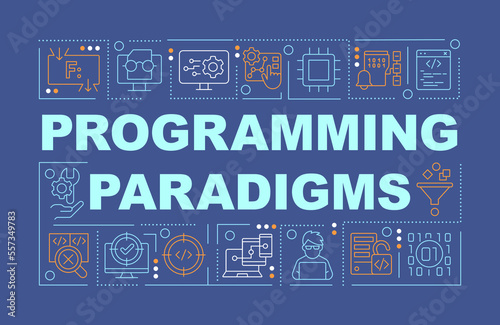 Programming approaches word concepts dark blue banner. Coding paradigms. Infographics with editable icons on color background. Isolated typography. Vector illustration with text. Arial-Black font used