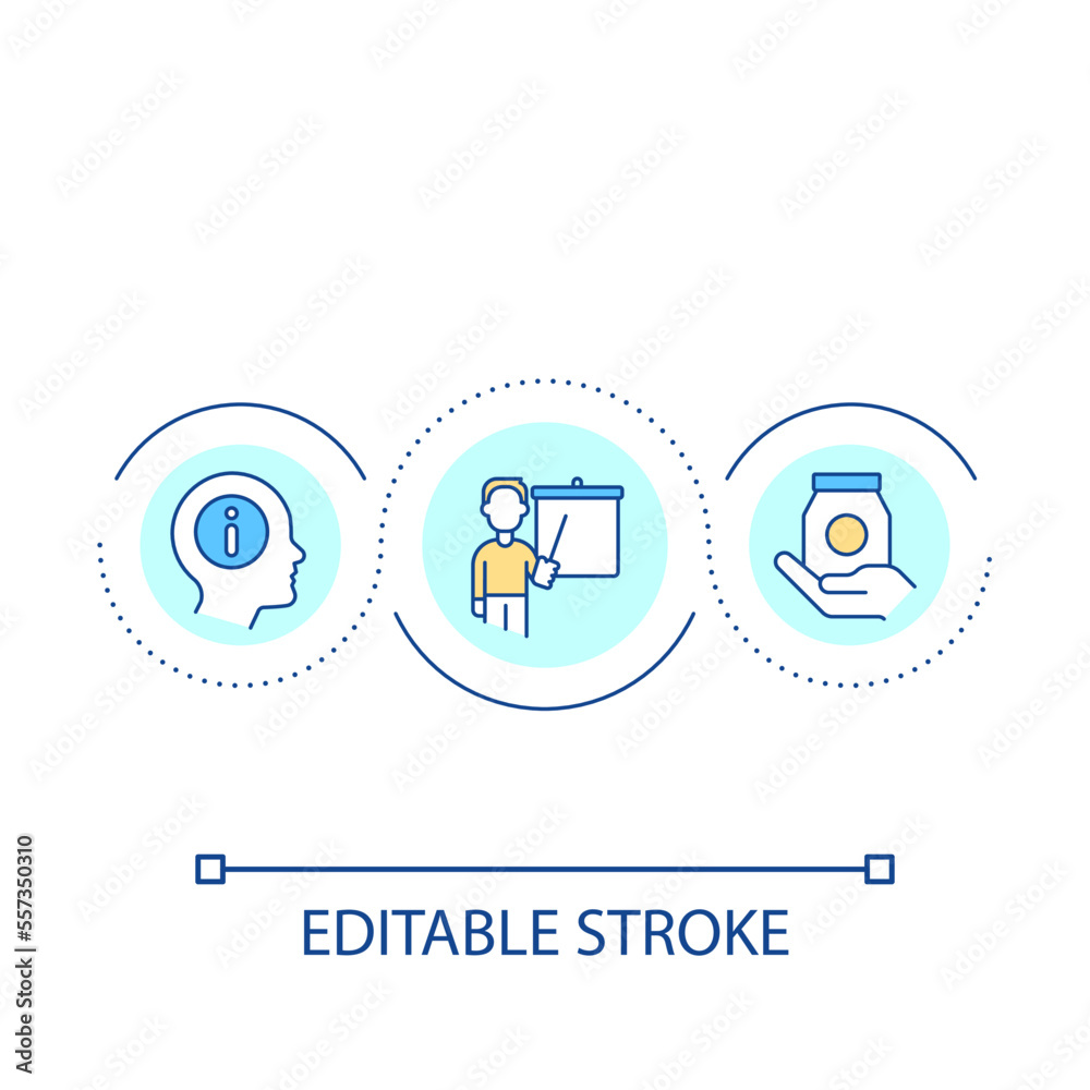 Presenting new product for company employees loop concept icon. Give information to staff abstract idea thin line illustration. Isolated outline drawing. Editable stroke. Arial font used Presenting new product for company employees loop concept icon. Give information to staff abstract idea thin line illustration. Isolated outline drawing. Editable stroke. Arial font used