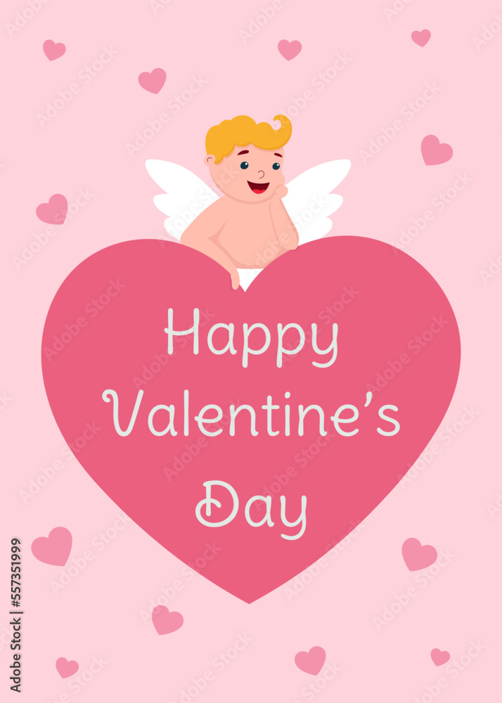 Valentine's Day greeting card with cute cupid. Template for greeting card, invitation, poster, banner, gift tag