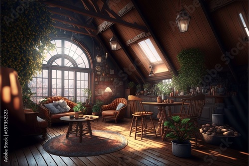 Cozy bohemian cafe and bar interior in the wooden attic 