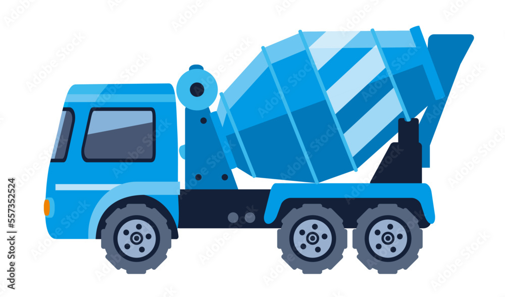 Fototapeta premium Concrete mixer truck in a flat style on white background. Vector illustration. Modern construction Vehicle icon. Isolated illustration.