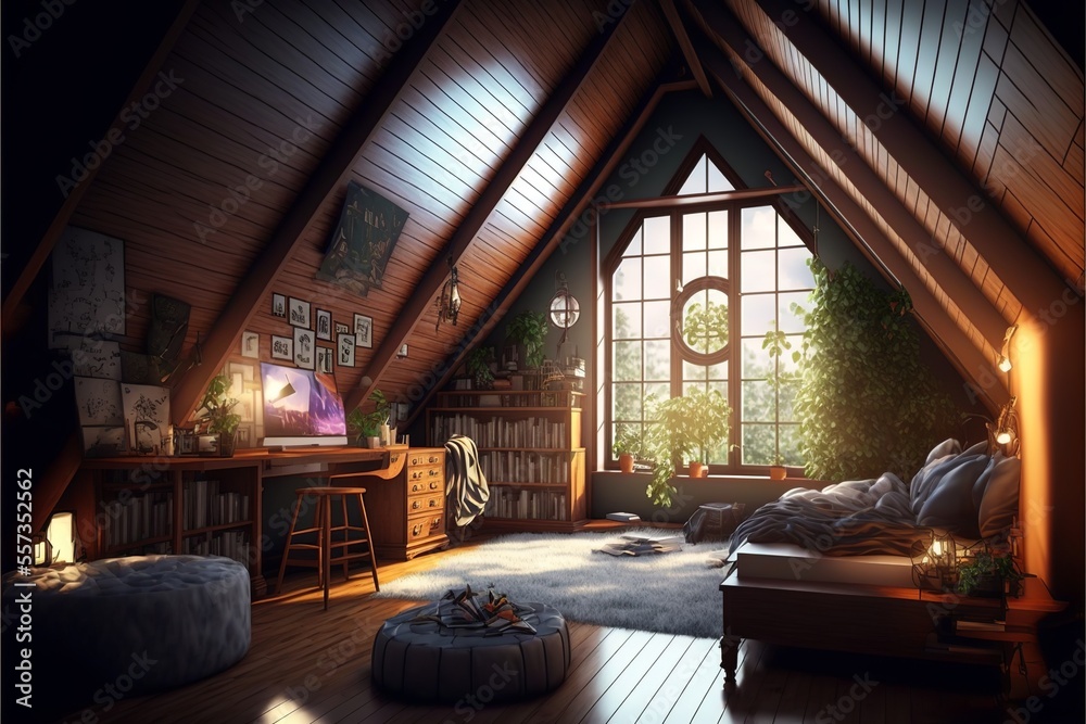 Obraz premium Cozy bedroom interior in the wooden attic with bookshelf