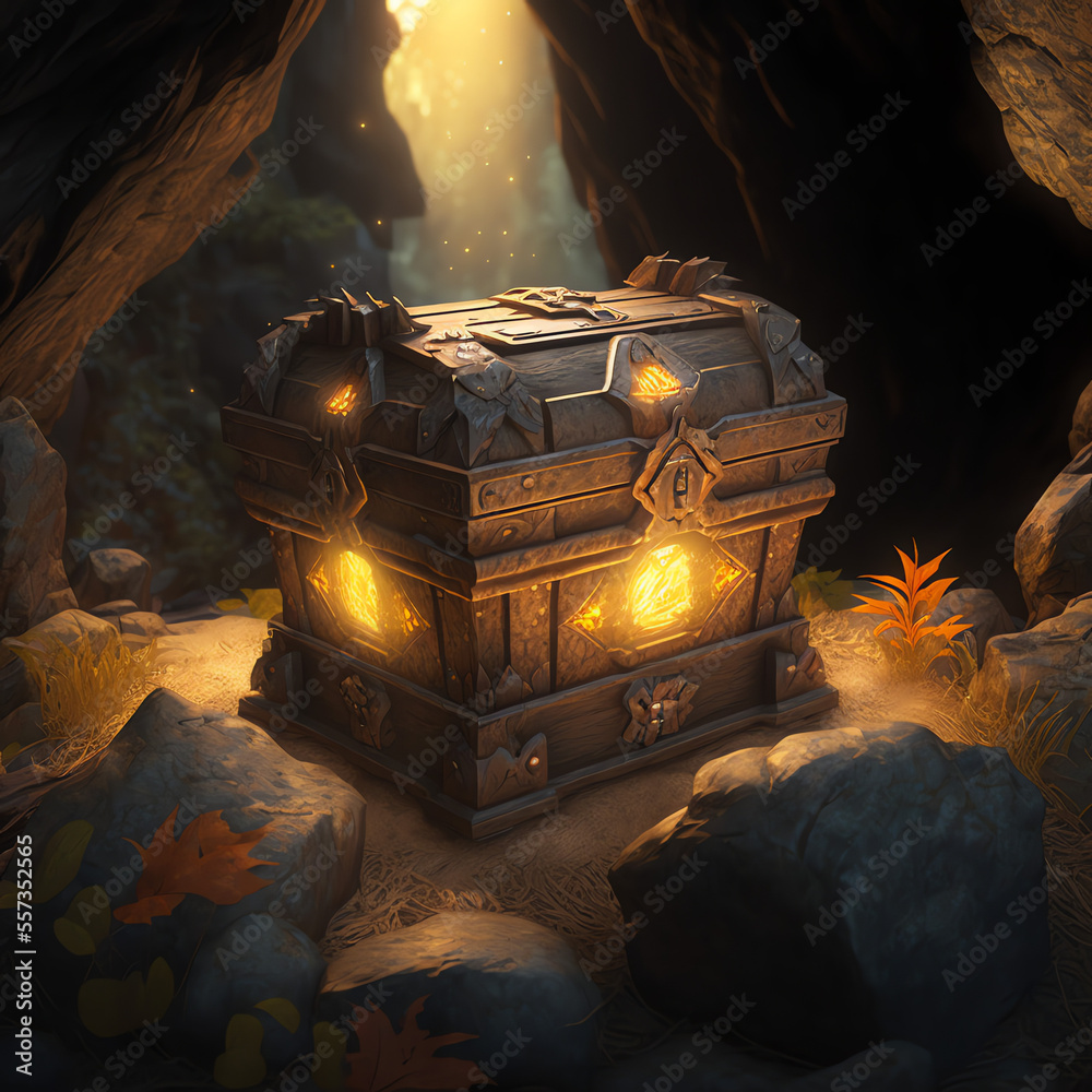 An illustration of medieval treasure chest box with glow light, inside