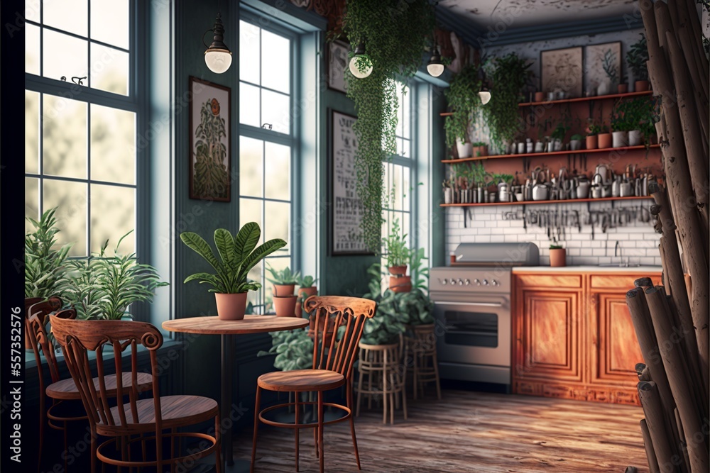 Rustic style coffee shop interior with tables and chairs 