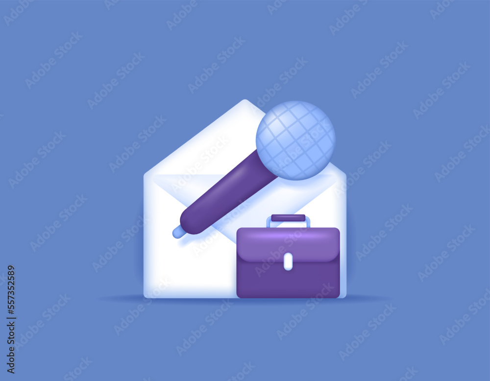Obraz premium symbol of mic or microphone, envelope, briefcase. icons about interview calls, job calls, job recruitment emails. 3d and realistic illustration concept design. graphic elements