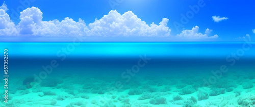 Underwater scene. Ocean coral reef underwater. Sea world under water background. Waterline and underwater background. Empty space for text. © nature line
