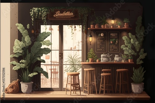Warm and cozy rustic bar interior with plants 