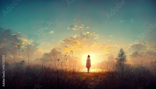 Little girl watching foggy sunrise at the grass field desing illustration
