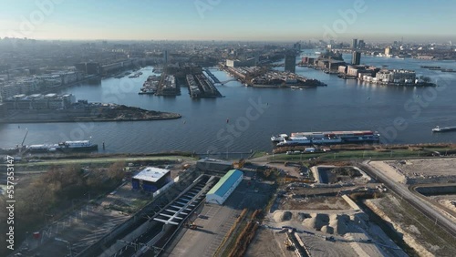 Amsterdam, 14th of December 2022, The Netherlands. Piet Heintunnel renovation a tunnel in East Amsterdam. Connects center of Amsterdam with the Zeeburgereiland. Aerial photo