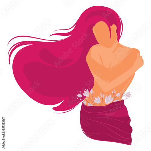 Embrace equity concept.International women's day banner poster template with Woman hugging her shoulders with long magenta hair and spring flowers vector.Diverse women hugging herself.Self love, care