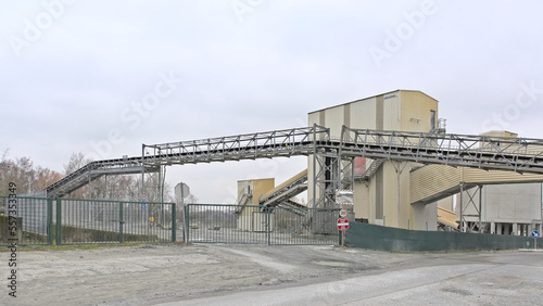 Silo`s and conveyor belts of a stone quarry in LEssines, Wallonia, Belgium 