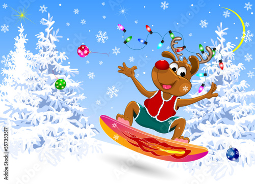 Reindeer on a snowboard on Christmas night. A cartoon reindeer, decorated with Christmas balls and a garland, descends on a snowboard, against the backdrop of a snowy winter forest