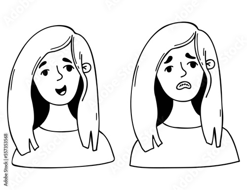 Sad depressive and joyful girl. Female portraits in cartoon doodle style. Vector linear hand drawing. Female emotional character portrait for use as icons, avatars for social networks, design.