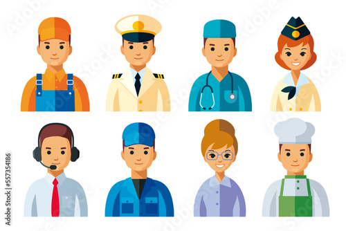 Vector set of different professions man and woman. Occupations avatars, icons flat illustration. Men and women cartoon characters in uniform isolated.