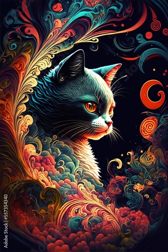 Generative AI abstract design chinese new year cute cats with spring colors, surreal fantasy, peach flower. Happy new year concept 2023. Year of Cat. Lunar new year photo