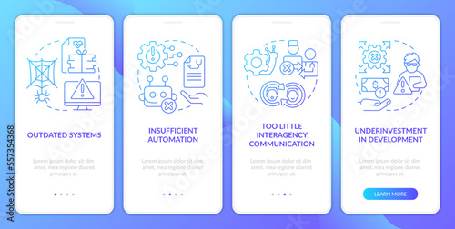 Tech issues in public health system blue gradient onboarding mobile app screen.Walkthrough 4 steps graphic instructions with linear concepts. UI, UX, GUI template. Myriad Pro-Bold, Regular fonts used