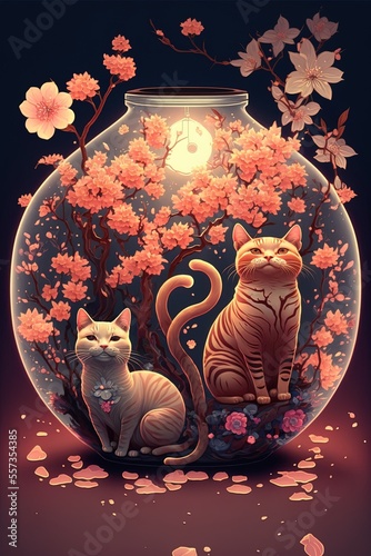 Generative AI abstract design chinese new year cute cats with spring colors, surreal fantasy, peach flower. Happy new year concept 2023. Year of Cat. Lunar new year photo