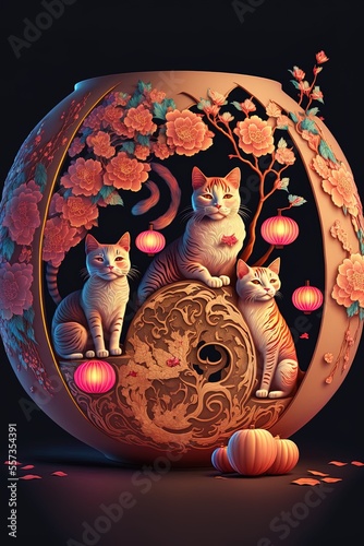 Generative AI abstract design chinese new year cute cats with spring colors, surreal fantasy, peach flower. Happy new year concept 2023. Year of Cat. Lunar new year photo