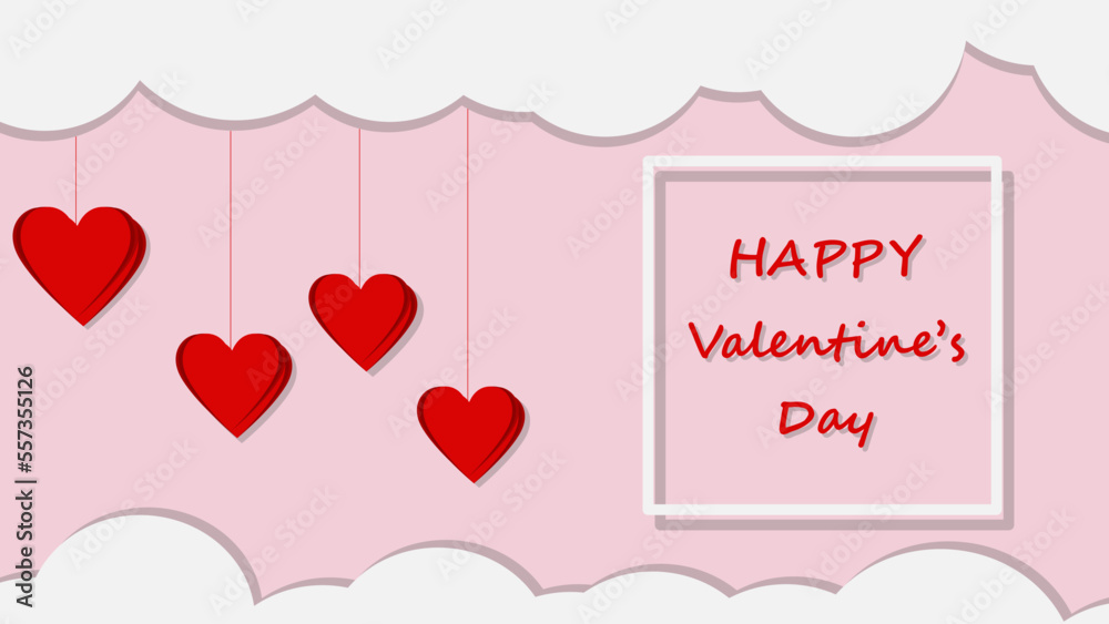 Valentine's day banner background design with clouds and heart sign. Holiday banner, flyer, web poster, greeting card, cover. Romantic concept. Vector illustration.