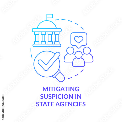 Mitigating suspicion blue gradient concept icon. Government credibility. Public service delivery change abstract idea thin line illustration. Isolated outline drawing. Myriad Pro-Bold font used