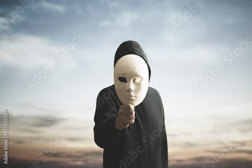 Принти на полотні surreal image of man hiding behind a mask, concept of identity crisis