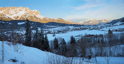 tourist resort Ellmau at the foot of Wilder Kaiser mountain. winter landscape austria