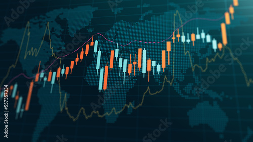 Stock market concept. Candle stick chart world map. Global financial marketing, exchange investment abstract forex concept.