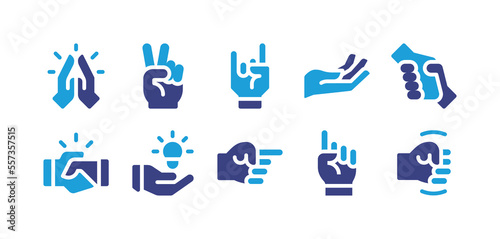 Hand gestured icon set. Duotone color. Vector illustration. Containing pray, victory, rock, hand, help, handshake, pointing up.