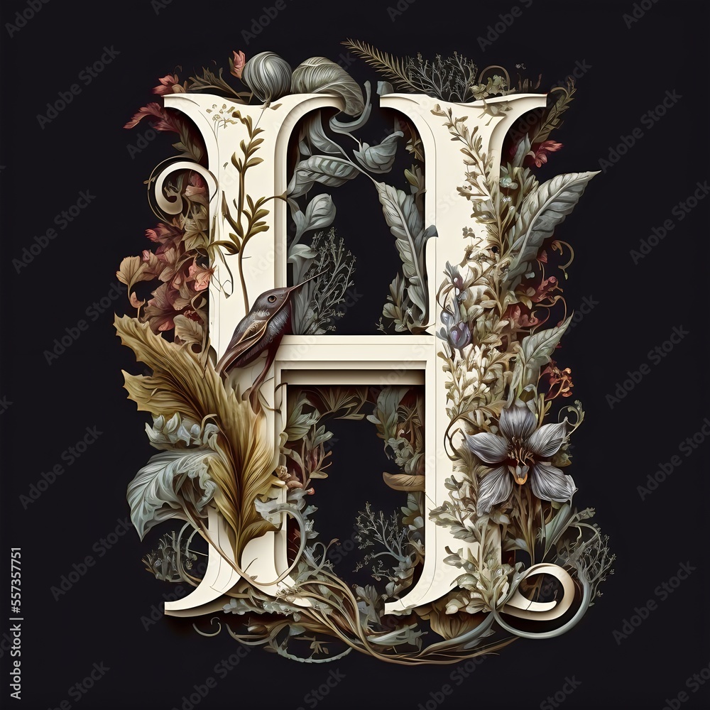 Letter H typography floral ornate created with AI
