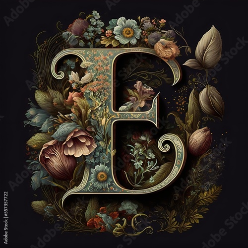 Letter E typography floral ornate created with AI